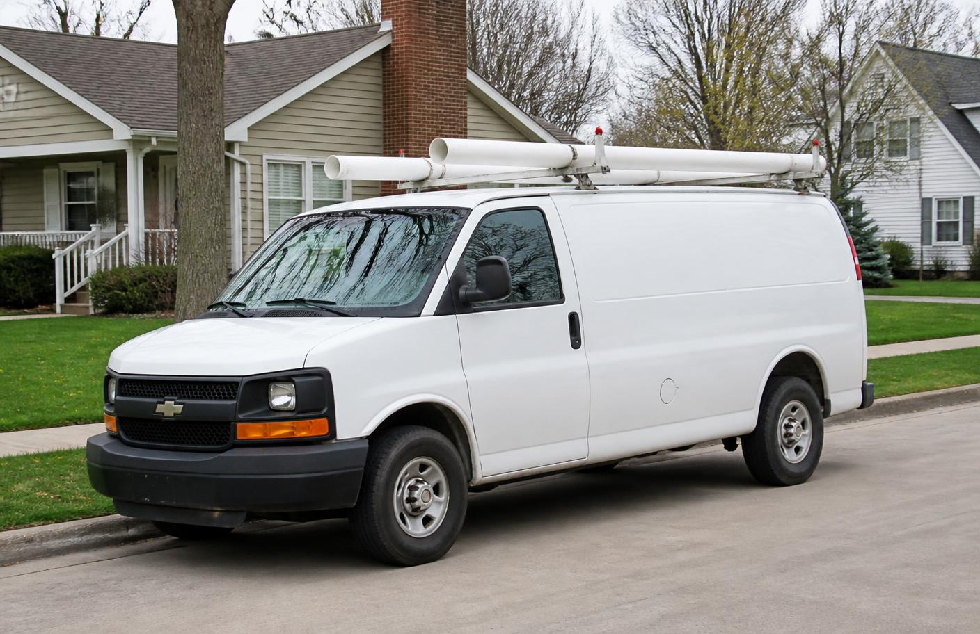 Plumbing service van parked on a residential street in the Westmont, Illinois area